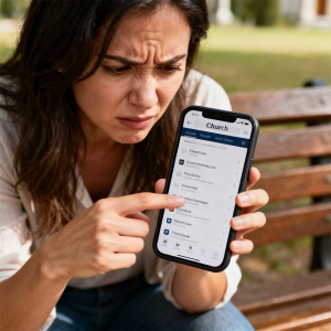woman-frustrated-scrolling-church-website-on-phone